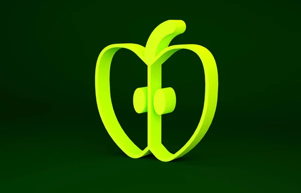 Icono amarillo de Apple aislado sobre fondo verde. Fruta con símbolo de hoja. Concepto minimalista. 3D ilustración 3D render —  Fotos de Stock