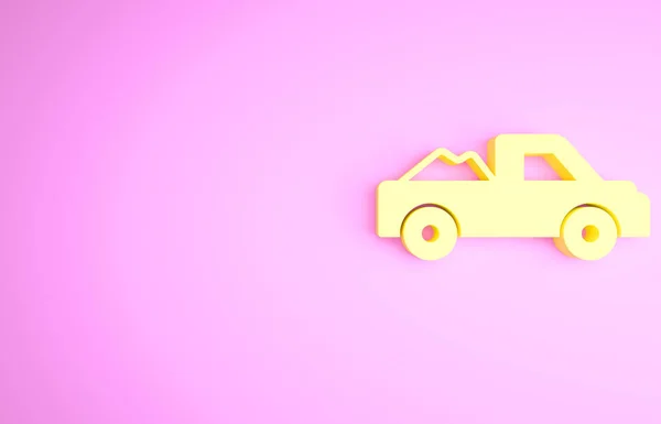 Жовтий пікап значок вантажівки ізольовано на рожевому фоні. Концепція мінімалізму. 3D ілюстрація 3D рендеринга — стокове фото