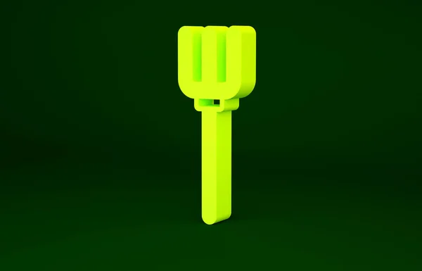 Yellow Garden pitchfork icon isolated on green background. Garden fork sign. Tool for horticulture, agriculture, farming. Minimalism concept. 3d illustration 3D render — Stock Photo, Image
