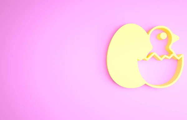 黄色的小鸡,有裂开的蛋图标,在粉红色的背景上孤立.最低纲领的概念。3D渲染3D插图 — 图库照片