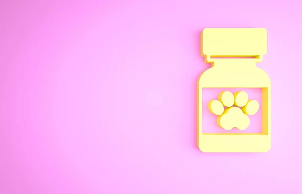 Yellow Medicine bottle and pills icon isolated on pink background. Container with pills. Prescription medicine for animal. Minimalism concept. 3d illustration 3D render — Fotografia de Stock