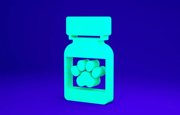 Green Medicine bottle and pills icon isolated on blue background. Container with pills. Prescription medicine for animal. Minimalism concept. 3d illustration 3D render — ストック写真