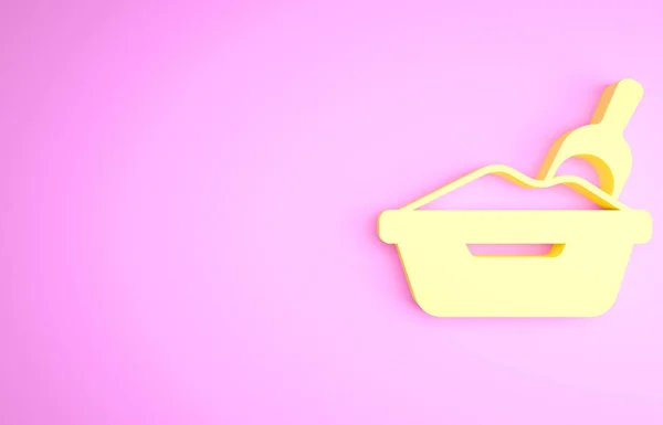 Bandeja de arena Yellow Cat con icono de pala aislada sobre fondo rosa. Sandbox gato con pala. Concepto minimalista. 3D ilustración 3D render —  Fotos de Stock