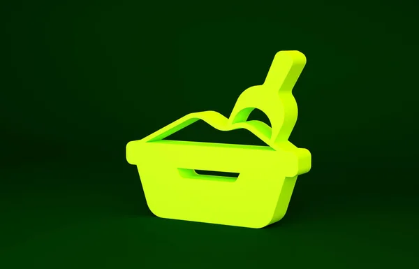 Yellow Cat litter tray with shovel icon isolated on green background. Sandbox cat with shovel. Minimalism concept. 3d illustration 3D render — Fotografia de Stock