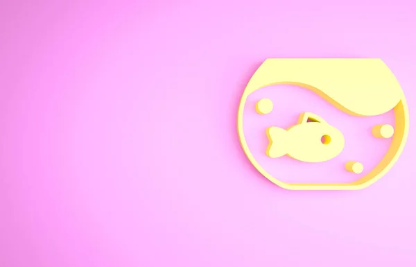 Жовтий акваріум з іконою риби ізольований на рожевому фоні. Круглий скляний акваріум. Акваріум для дому та домашніх тварин. Концепція мінімалізму. 3D ілюстрація 3D рендеринга — стокове фото