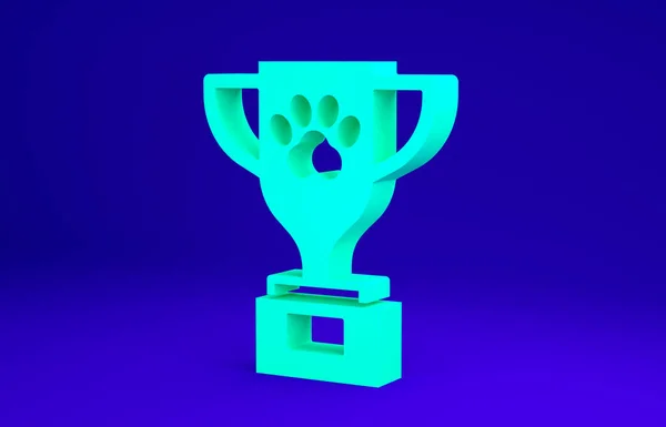 Icona simbolo Pet award verde isolato su sfondo blu. Medaglia con impronta di cane come concetto vincitore mostra animali domestici. Concetto minimalista. Illustrazione 3d rendering 3D — Foto Stock