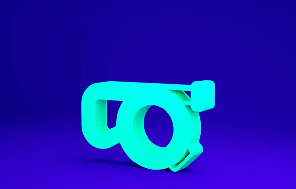 Зелений висувний шнур з піктограмою карабіна ізольовано на синьому фоні. Собака собака свинець. Аксесуар для тварин на відкритому повітрі. Концепція мінімалізму. 3D ілюстрація 3D рендеринга — стокове фото