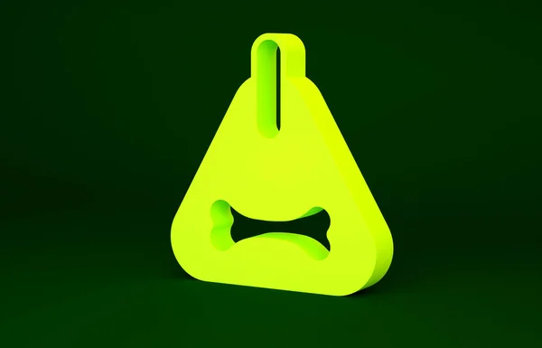 Yellow Dog γιακά με ετικέτα όνομα και οστική πλάκα εικονίδιο απομονώνονται σε πράσινο φόντο. Προμήθειες για κατοικίδια ζώα. Φροντίδα γάτας και σκύλου. Αλυσίδες σκύλων για κατοικίδια. Μινιμαλιστική έννοια. 3d απεικόνιση 3D καθιστούν — Φωτογραφία Αρχείου