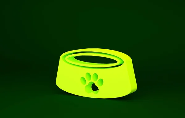 Tigela de alimentos para animais de estimação amarelo para gato ou cão ícone isolado no fundo verde. Impressão de pata de cão ou gato. Conceito de minimalismo. 3D ilustração 3D render — Fotografia de Stock