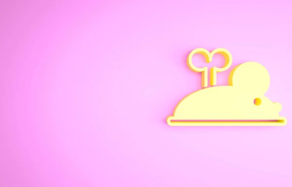 Yellow Clockwork mouse icon isolated on pink background. Wind up mouse toy. Minimalism concept. 3d illustration 3D render — ストック写真