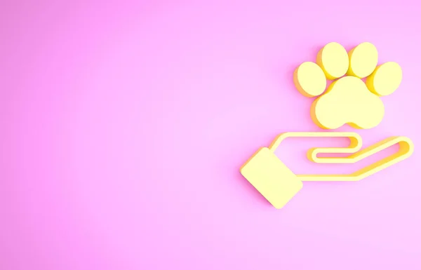 Mani gialle con l'icona dell'impronta animale isolata su sfondo rosa. Zampa di animale domestico nel cuore. Con amore agli animali. Concetto minimalista. Illustrazione 3d rendering 3D — Foto Stock