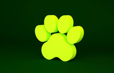 Sarı Paw yazdırma simgesi yeşil arkaplanda izole edildi. Köpek ya da kedi pençesi izi. Hayvan izleri. Minimalizm kavramı. 3d illüstrasyon 3B canlandırma