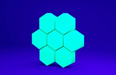 Mavi arkaplanda yeşil bal peteği simgesi izole edildi. Bal hücrelerinin sembolü. Tatlı doğal yemek. Minimalizm kavramı. 3d illüstrasyon 3B canlandırma