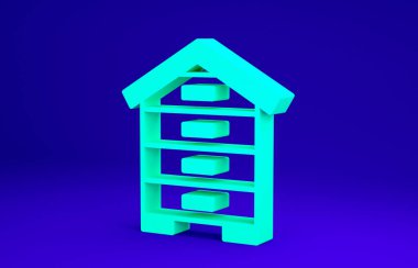 Arı ikonu için yeşil kovan mavi arka planda izole edildi. Arı kovanı sembolü. Apiary ve arı yetiştiriciliği. Tatlı doğal yemek. Minimalizm kavramı. 3d illüstrasyon 3B canlandırma