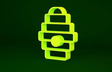 Yeşil arka planda izole edilmiş arılar için sarı kovan. Arı kovanı sembolü. Apiary ve arı yetiştiriciliği. Tatlı doğal yemek. Minimalizm kavramı. 3d illüstrasyon 3B canlandırma