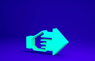 Mavi arka planda ok simgesiyle işaret eden Yeşil El. İş görüşü ve hedef. İş finansmanı kavramı, karakter, lider. Minimalizm kavramı. 3d illüstrasyon 3B canlandırma