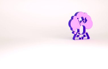 Mor Adam beyaz arkaplanda bayrak simgesi tutuyor. Zafer, kazanmak ve zorluk konseptini fethetmek. Minimalizm kavramı. 3d illüstrasyon 3B canlandırma