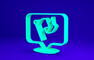 Mavi arkaplanda yeşil bayrak simgesi izole edildi. Zafer, kazanmak ve zorluk konseptini fethetmek. Minimalizm kavramı. 3d illüstrasyon 3B canlandırma