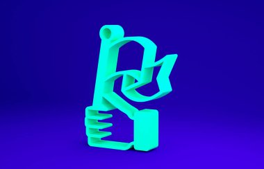 Yeşil El 'in elinde mavi arkaplanda izole edilmiş bir bayrak simgesi var. Zafer, kazanmak ve zorluk konseptini fethetmek. Minimalizm kavramı. 3d illüstrasyon 3B canlandırma