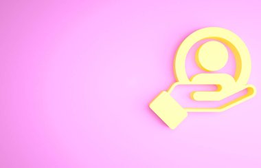 Sarı El pembe arka planda izole edilmiş bir insan simgesini arıyor. İşe alım ya da seçim konsepti. Çalışanları ve işi ara. Minimalizm kavramı. 3d illüstrasyon 3B canlandırma