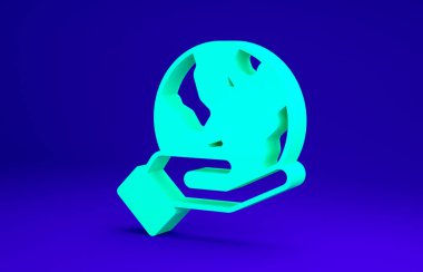 Yeşil insan eli, mavi arkaplanda Dünya 'nın ikonunu tutuyor. Dünya kavramını sakla. Minimalizm kavramı. 3d illüstrasyon 3B canlandırma