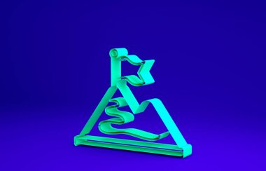 Üzerinde bayrak olan yeşil dağlar mavi arkaplanda izole edilmiş. Zaferin ya da başarının sembolü. Gol başarısı. Minimalizm kavramı. 3d illüstrasyon 3B canlandırma