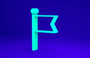 Mavi arkaplanda yeşil bayrak simgesi izole edildi. Zafer, kazanmak ve zorluk konseptini fethetmek. Minimalizm kavramı. 3d illüstrasyon 3B canlandırma