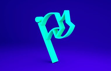 Mavi arkaplanda yeşil bayrak simgesi izole edildi. Zafer, kazanmak ve zorluk konseptini fethetmek. Minimalizm kavramı. 3d illüstrasyon 3B canlandırma