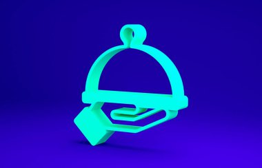 Mavi arka planda izole edilmiş bir tepsi yiyecek ikonu ile kaplanmış. Tepsi ve kapak işareti. Kapaklı bir restoran saati. Minimalizm kavramı. 3d illüstrasyon 3B canlandırma