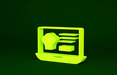 Çevrimiçi sarı sipariş ve fast food dağıtım ikonu yeşil arka planda izole edildi. Minimalizm kavramı. 3d illüstrasyon 3B canlandırma