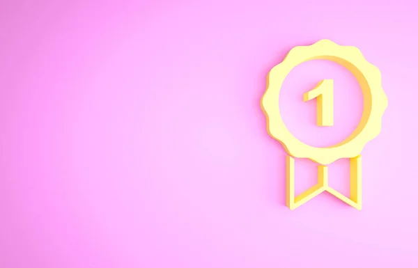 Иконка с символом "Желтая собака" выделена на розовом фоне. Медаль с собачьим следом как концепция победителя выставки домашних животных. Концепция минимализма. 3D-рендеринг — стоковое фото