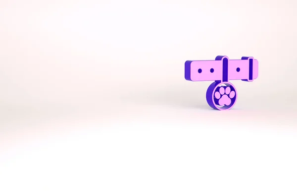 Collar púrpura con icono de etiqueta de nombre aislado sobre fondo blanco. Suministros para animales domésticos. Huella de pata de perro o gato. Cuidado de gatos y perros. Cadenas para mascotas. Concepto minimalista. 3D ilustración 3D render — Foto de Stock
