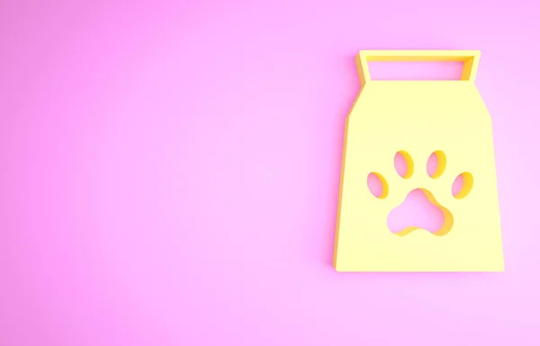 노란색 바그의 애완 동물 아이콘을 위한 음식은 핑크 색 배경에 분리되어 있다. 동물을 위한 음식. 개의 뼈 표시. 포장 식품 패키지. 미니멀리즘의 개념입니다. 3d 삽화 3D 렌더링 — 스톡 사진