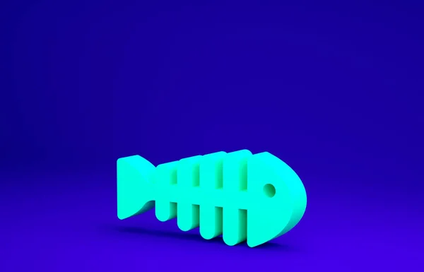 Green Fish skeleton icon isolated on blue background. Fish bone sign. Minimalism concept. 3d illustration 3D render