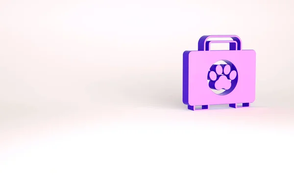 Icona del kit di pronto soccorso Purple Pet isolata su sfondo bianco. Impronta zampa cane o gatto. Scatola clinica. Concetto minimalista. Illustrazione 3d rendering 3D — Foto Stock