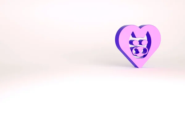 Фиолетовое сердце с кошачьей иконой на белом фоне. Люблю животных. Концепция минимализма. 3D-рендеринг — стоковое фото
