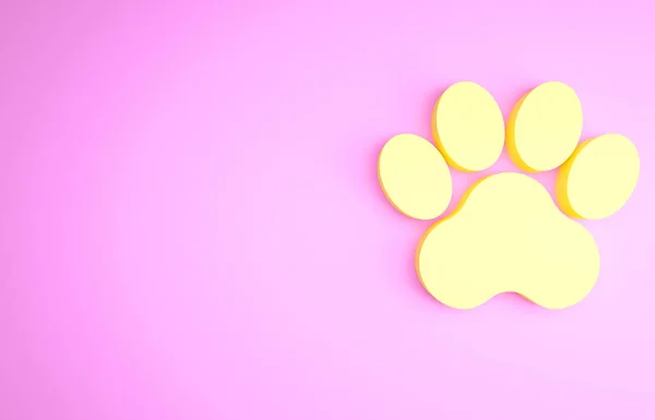 Gul tass tryck ikon isolerad på rosa bakgrund. Hund- eller katttassavtryck. Djurspår. Minimalistiskt koncept. 3D-återgivning för 3D — Stockfoto
