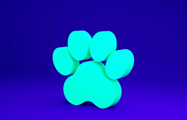 Icona stampa zampa verde isolata su sfondo blu. Impronta zampa cane o gatto. Traccia animale. Concetto minimalista. Illustrazione 3d rendering 3D — Foto Stock