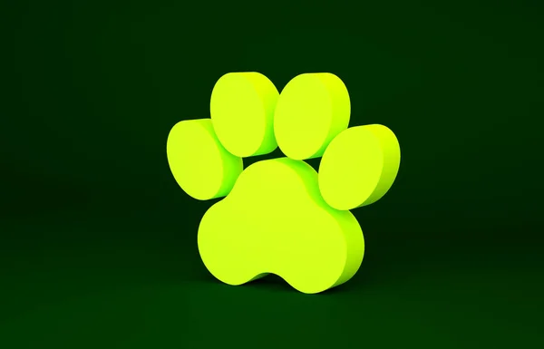 Gele Paw print icoon geïsoleerd op groene achtergrond. Afdruk van honden- of kattenpootjes. Dierenspoor. Minimalisme concept. 3d illustratie 3D renderen — Stockfoto