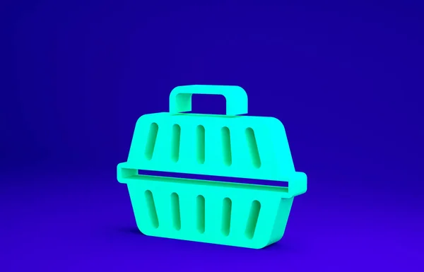 Ícone de caso de transporte animal de estimação verde isolado no fundo azul. Transportador de animais, cão e gato. Recipiente para animais. Caixa de transporte de animais. Conceito de minimalismo. 3D ilustração 3D render — Fotografia de Stock