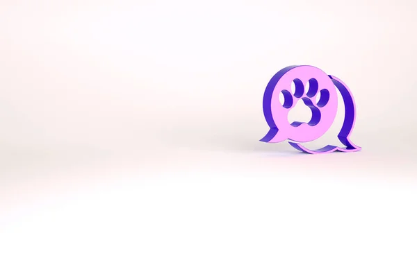 Icona stampa zampa viola isolata su sfondo bianco. Impronta zampa cane o gatto. Traccia animale. Concetto minimalista. Illustrazione 3d rendering 3D — Foto Stock
