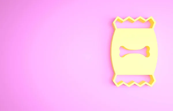 Sárga táska élelmiszer kedvtelésből tartott ikon elszigetelt rózsaszín alapon. Állateledel. Kutyacsont jel. Állateledel csomag. Minimalizmus koncepció. 3d illusztráció 3D render — Stock Fotó