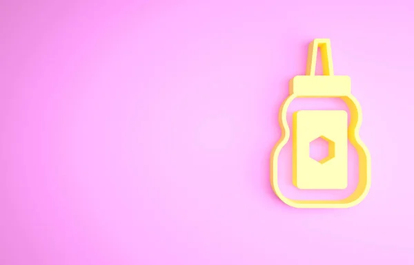 Pot jaune d'icône de miel isolé sur fond rose. La banque alimentaire. Doux symbole de nourriture naturelle. Concept de minimalisme. Illustration 3D rendu 3D — Photo