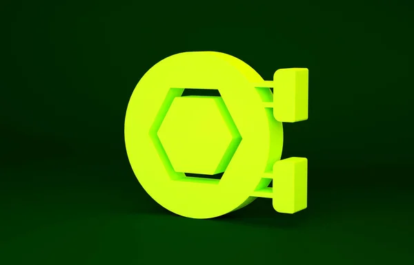 Желтый висячий знак с сотами изолированы на зеленом фоне. Значок вывески. Символ медовых клеток. Сладкая натуральная еда. Концепция минимализма. 3D-рендеринг — стоковое фото