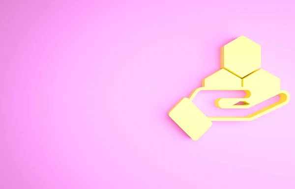 Żółty plaster miodu i ikona dłoni izolowane na różowym tle. Symbol komórek miodu. Słodkie naturalne jedzenie. Koncepcja minimalizmu. Ilustracja 3D 3D renderowania — Zdjęcie stockowe