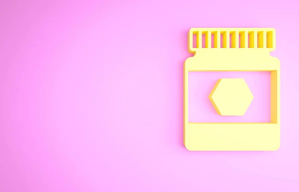 ピンクの背景に分離された蜂蜜のアイコンの黄色のジャー。フードバンク。甘い自然食品のシンボル。最小限の概念。3Dイラスト3Dレンダリング — ストック写真
