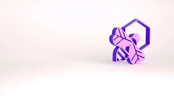 Abeja púrpura y panal icono aislado sobre fondo blanco. Células. Abeja o ábside con alas símbolo. Insecto volador. Dulce comida natural. Concepto minimalista. 3D ilustración 3D render — Foto de Stock