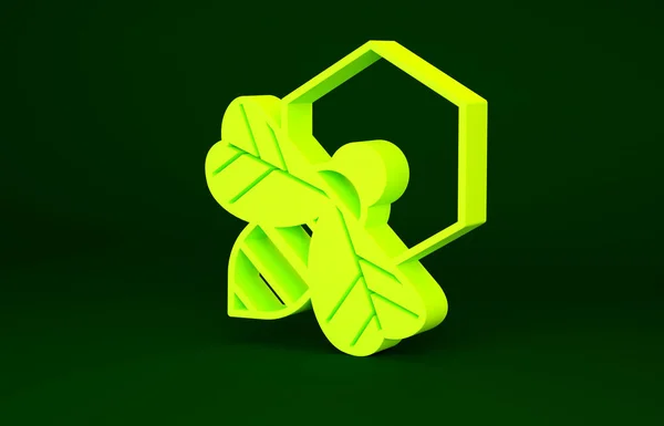 Κίτρινη Μέλισσα και κυψελωτή εικόνα απομονώνονται σε πράσινο φόντο. Μελένια κύτταρα. Μέλισσα ή apis με φτερά σύμβολο. Ιπτάμενο έντομο Γλυκό φυσικό φαγητό. Μινιμαλιστική έννοια. 3d απεικόνιση 3D καθιστούν — Φωτογραφία Αρχείου