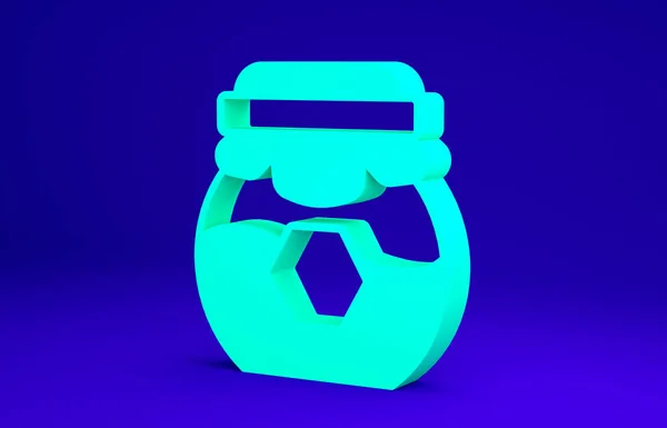 Πράσινο βάζο με μέλι, απομονωμένο σε μπλε φόντο. Τράπεζα τροφίμων. Γλυκό φυσικό σύμβολο τροφίμων. Μινιμαλιστική έννοια. 3d απεικόνιση 3D καθιστούν — Φωτογραφία Αρχείου