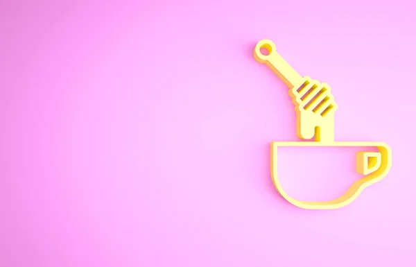 Yellow Honey dipper stick with dripping honey icon isolated on pink background. Honey ladle. Minimalism concept. 3d illustration 3D render — ストック写真